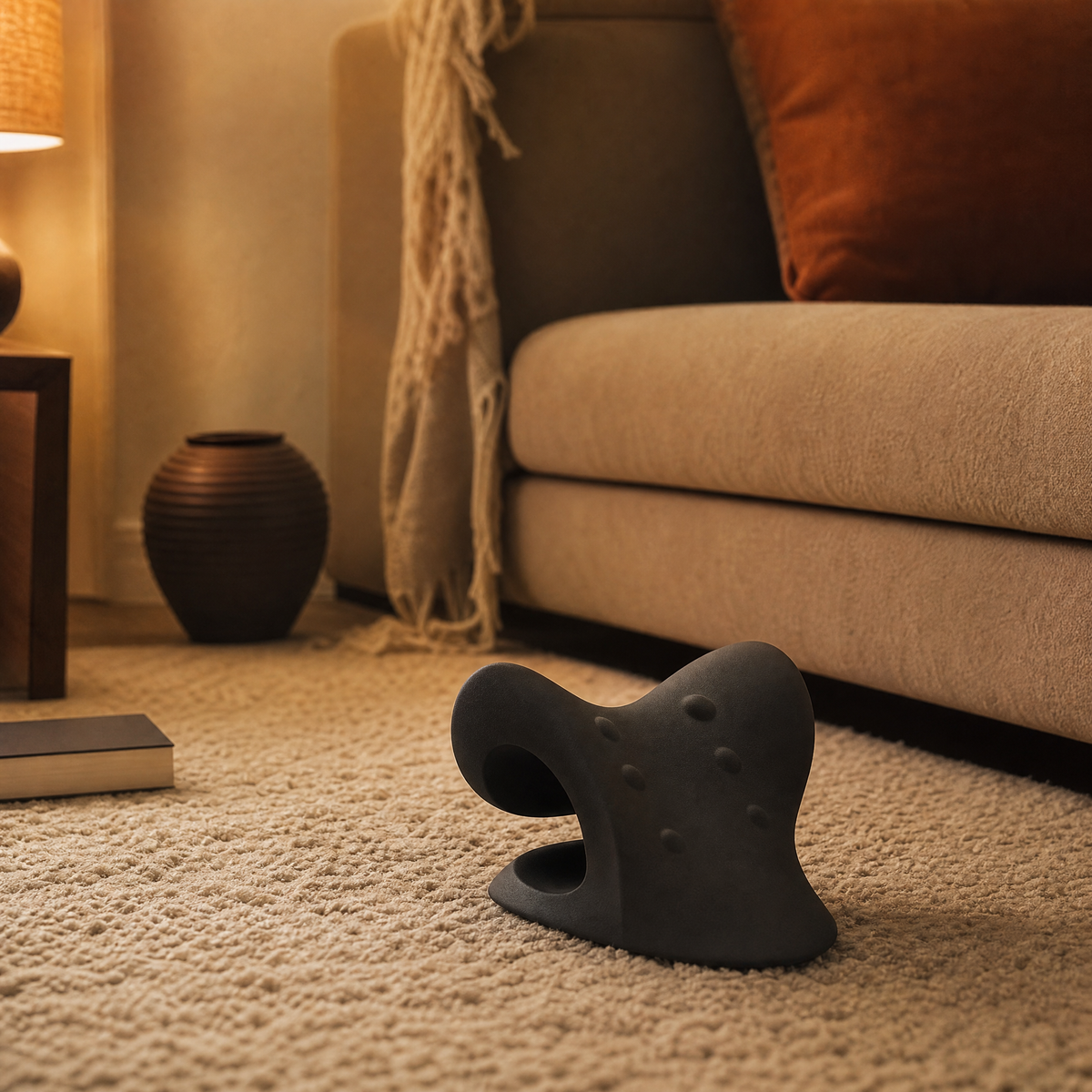 The Serenzo Arc resting on a rug at the foot of a couch under evening lamp light