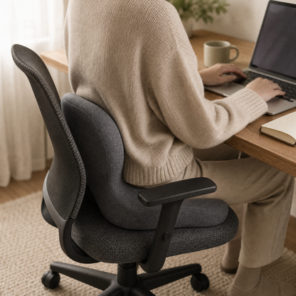 Someone working at a laptop in a warmly lit home office, seated on the Serenzo Atlas seat cushion