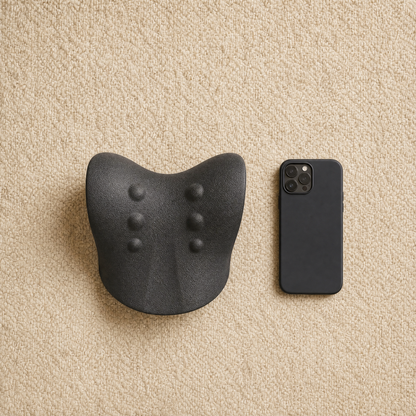 Overhead view of the Arc on a rug beside a phone, showing how little floor space it takes