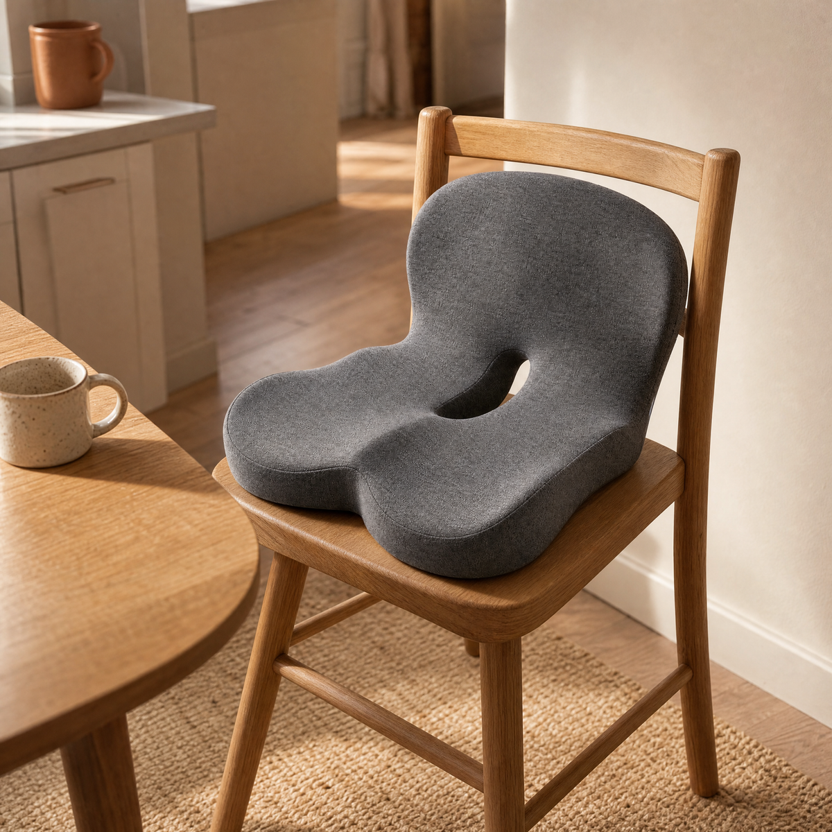 The Serenzo Atlas on the wooden seat of a dining chair in a warm kitchen