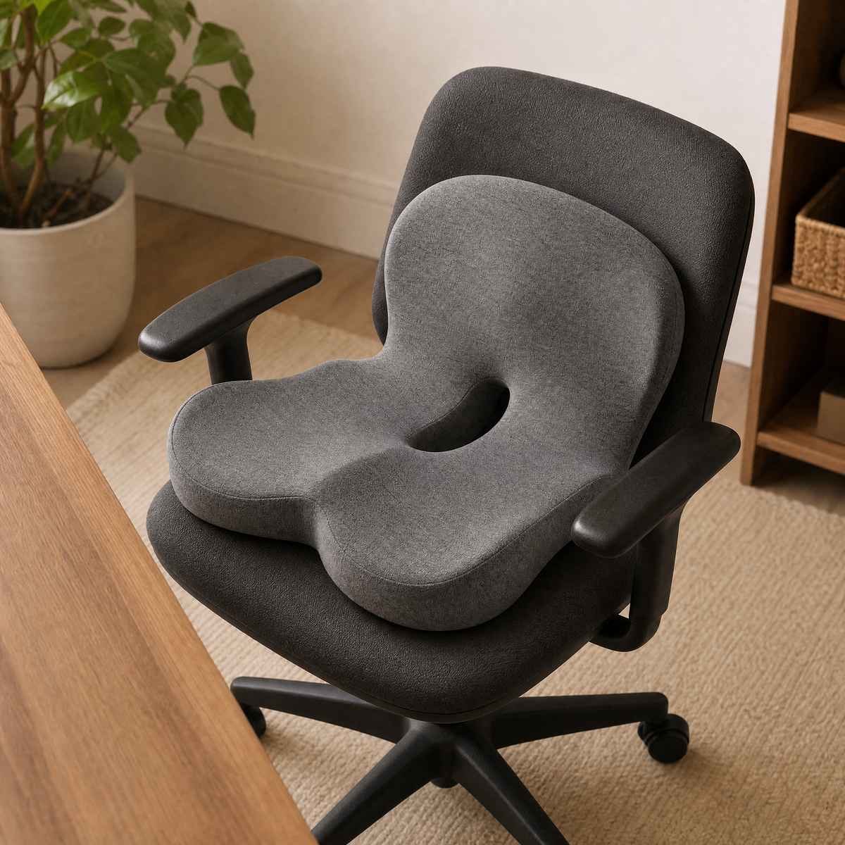 The Serenzo Atlas resting on the seat of an ordinary office chair beside a wooden desk