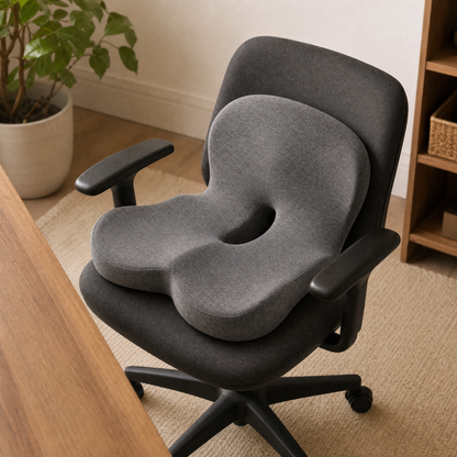 The Serenzo Atlas resting on the seat of an ordinary office chair beside a wooden desk