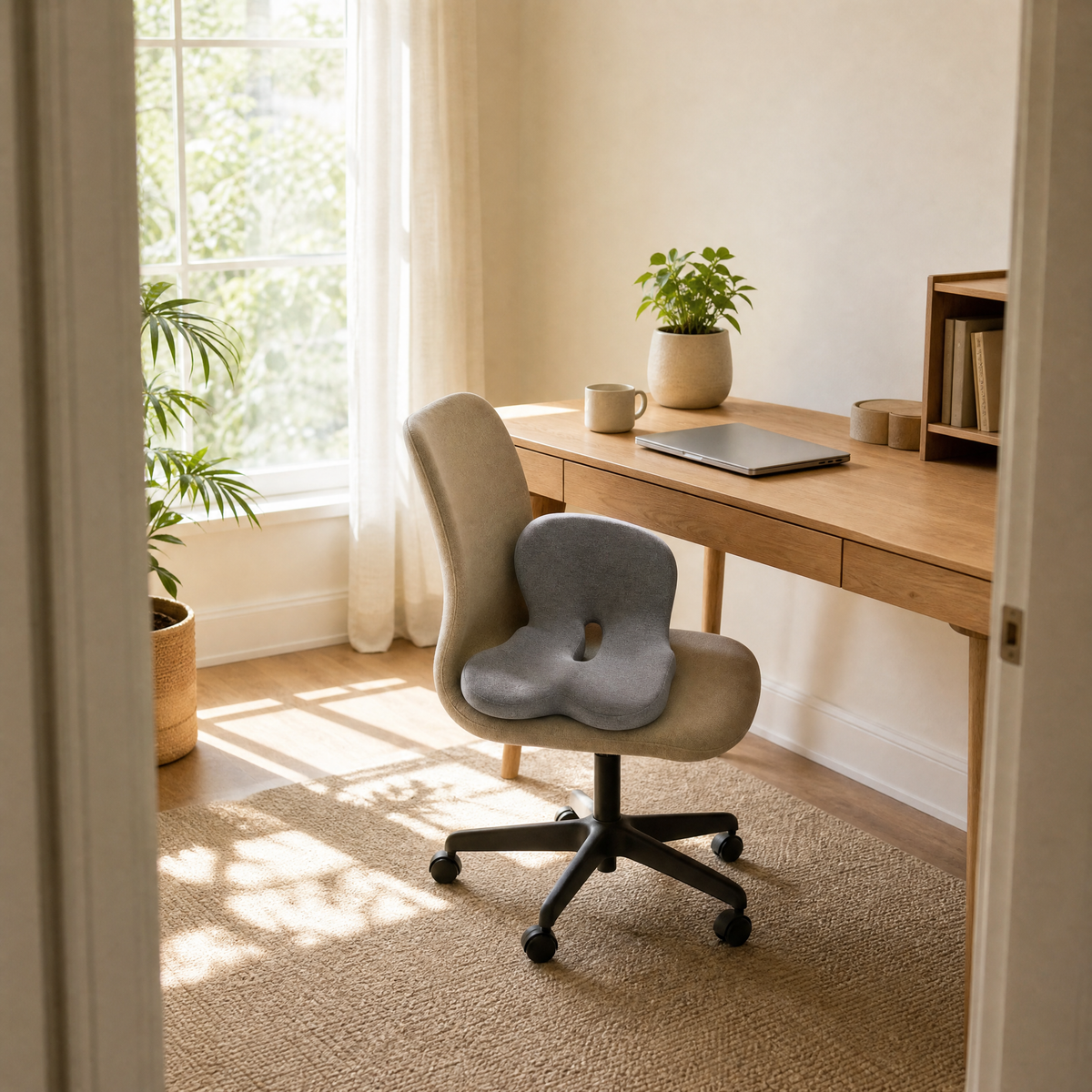 A home desk in bright morning light with the Serenzo Atlas waiting on the chair